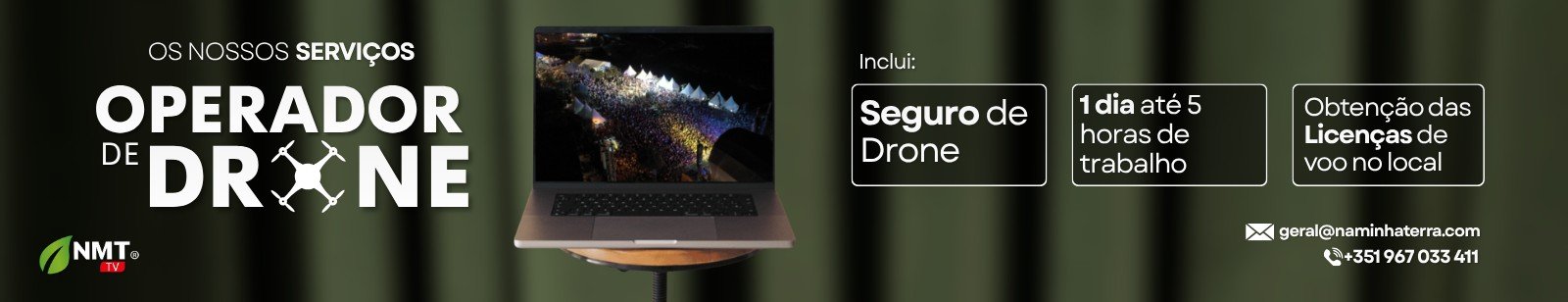 Captar o mundo de cima é mais do que um ângulo diferente – é uma nova forma de contar histórias. Com o serviço de Produção com Drone da NMT TV, elevamos os seus projetos a outro nível, com a garantia de que cada voo é realizado em conformidade com a legislação e com total segurança.